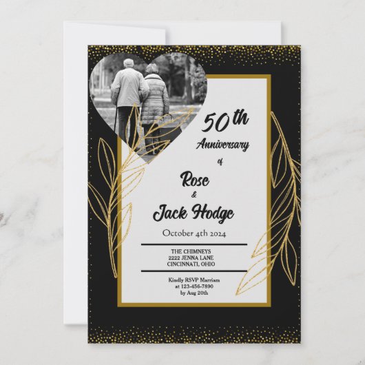 ブラック金ゴールドハート写真結婚50周年記念 招待状 (正面)