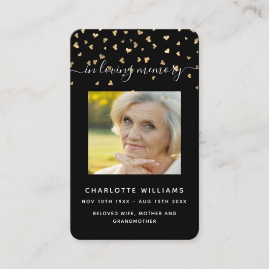 ブラック金ゴールドハート写真葬式祈りの言葉カード 名刺 (正面)