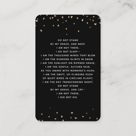 ブラック金ゴールドハート写真葬式祈りの言葉カード 名刺 (裏面)