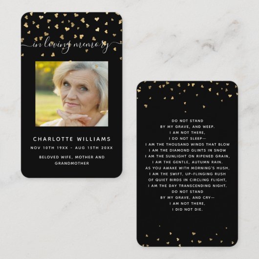 ブラック金ゴールドハート写真葬式祈りの言葉カード 名刺 (正面/裏面)