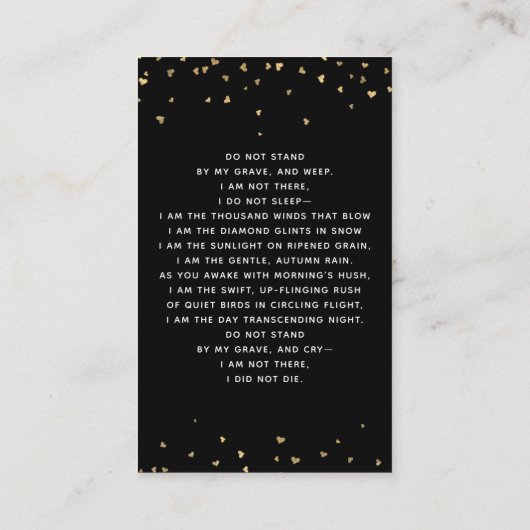 ブラック金ゴールドハート写真葬式祈りの言葉カード 名刺 (裏面)