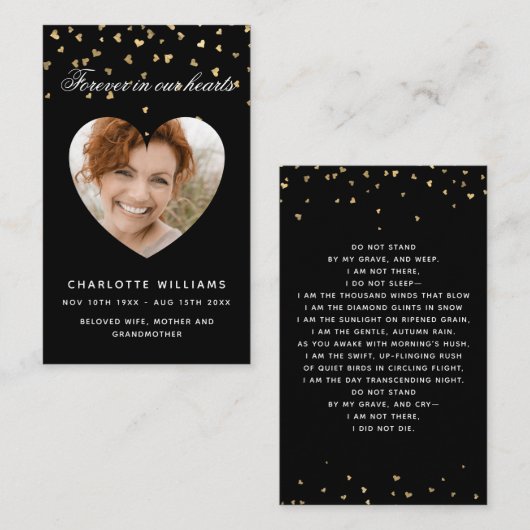 ブラック金ゴールドハート写真葬式祈りの言葉カード 名刺 (正面/裏面)