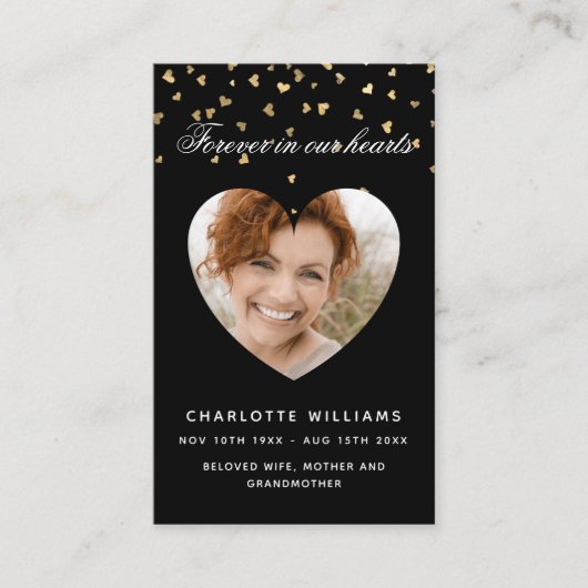 ブラック金ゴールドハート写真葬式祈りの言葉カード 名刺 (正面)