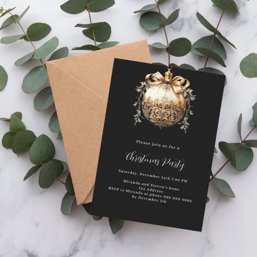 ブラック金ゴールドバウブルヴィンテージクリスマスパーティー 招待状