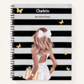 ブラック金ゴールドバタフライブロンドガールホワイトドレス ノートブック (正面)