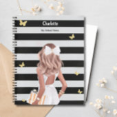 ブラック金ゴールドバタフライブロンドガールホワイトドレス ノートブック