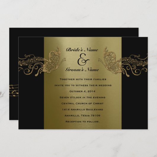 ブラック金ゴールドバタフライミュージック結婚式招待状 招待状 (正面/裏面)