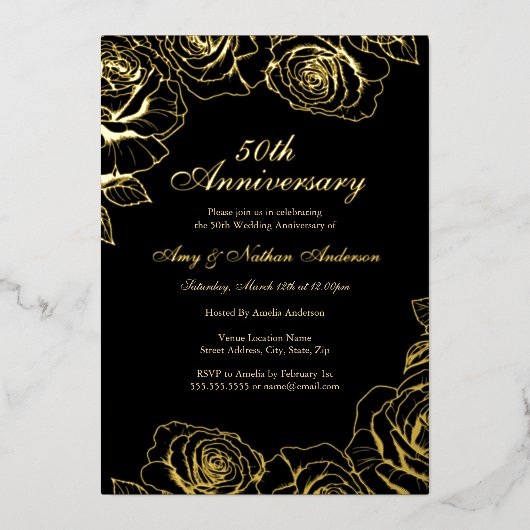 ブラック金ゴールドバラガーデン結婚50周年記念 箔招待状 (正面)