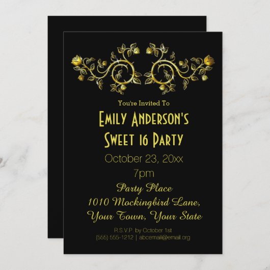 ブラック金ゴールドバラグラマーテーマスウィート16誕生日 招待状 (正面/裏面)