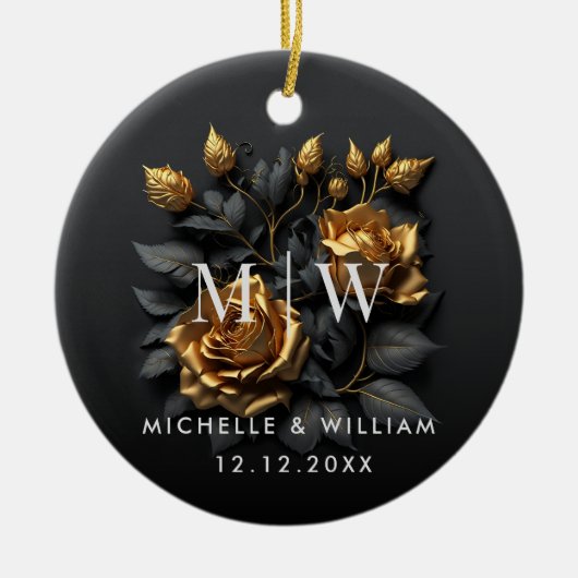 ブラック金ゴールドバラゴシック結婚モノグラム セラミックオーナメント (正面)