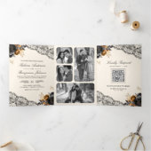 ブラック金ゴールドバラレースクリームゴシックQRコード結婚ズ 三つ折り招待状 (内部)