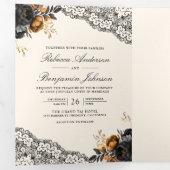 ブラック金ゴールドバラレースクリームゴシックQRコード結婚ズ 三つ折り招待状 (内部最初)