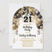 ブラック金ゴールドバルーン21歳の誕生日パーティー 招待状 (正面)