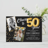 ブラック金ゴールドバルーン50番目の誕生日フォト招待状 招待状 (スタンド正面)