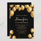 ブラック金ゴールドバルーン52歳の誕生日招待状 招待状 (正面/裏面)