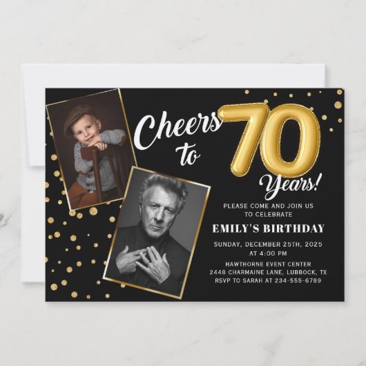 ブラック金ゴールドバルーン70th誕生日フォト招待状 招待状 (正面)