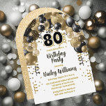 ブラック金ゴールドバルーン80th誕生日パーティー 招待状<br><div class="desc">この祝目を引く80thバースデーパーティーの招待とスタイルでは、ブラックと金ゴールドの色合いのカスケード素晴らしバルーンアーチデザインを搭載し、白でアクセント付き。中央はっきりしたの「80」は、思い出に残るお祝いの音を完璧に設定よくはしゃぐし、まだシックなtouchを追加する。デザインは白エレガントと黒の文字を組み込み、微妙な金ゴールド調色のアクセントで補完し、すべての思慮深くレトロとスクリプトのフォントの組み合わせで配置されたフェスティバルの雰囲気を高める。この招待は興奮と喜びを呼び起こすために慎重に作られ、それは祝スタイルとこの節目の誕生日に最適な選択しゃれているを行う。</div>