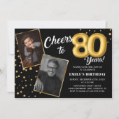 ブラック金ゴールドバルーン80th誕生日フォト招待状 招待状 (正面)