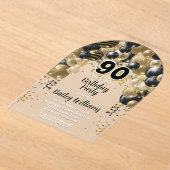 ブラック金ゴールドバルーン90th誕生日パーティー アクリル招待状 (レイダウン)