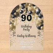 ブラック金ゴールドバルーン90th誕生日パーティー アクリル招待状 (正面)