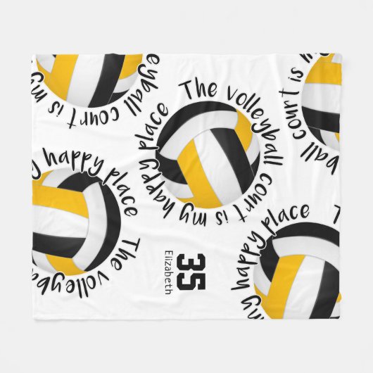 ブラック金ゴールドバレーボールコートhappy placeタイポグラフィ フリースブランケット (正面(横))