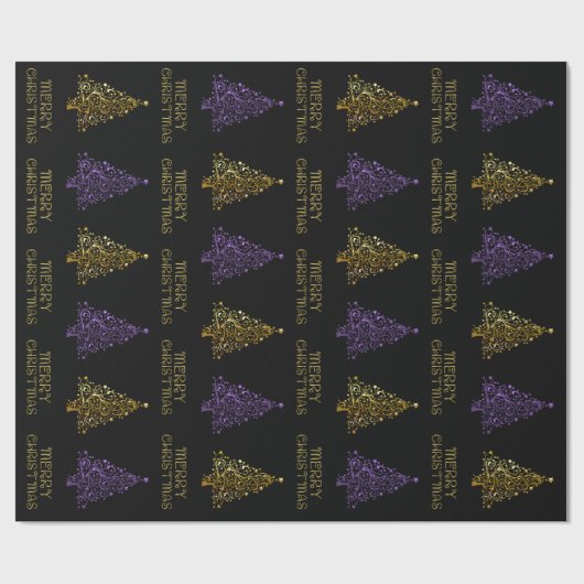 ブラック金ゴールドパープルエレガントシックなクリスマスツリースター ラッピングペーパー (フラット)