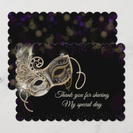 ブラック金ゴールドパープルマスカレードパーティー サンキューカード