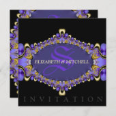 ブラック金ゴールドパープルレースゴシック中世結婚の 招待状 (正面/裏面)