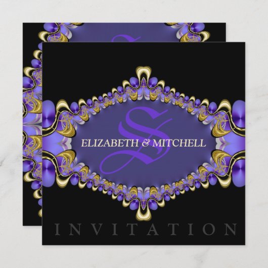 ブラック金ゴールドパープルレースゴシック中世結婚の 招待状 (正面/裏面)