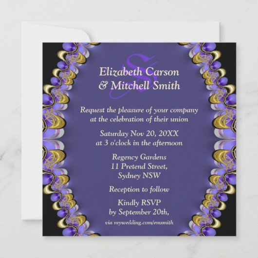 ブラック金ゴールドパープルレースゴシック中世結婚の 招待状 (裏面)