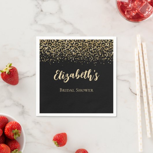 ブラック金ゴールドヒョウ印刷グリッターブライダルシャワー スタンダードカクテルナプキン (インサイチュ)