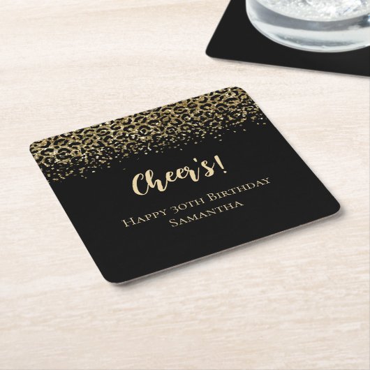 ブラック金ゴールドヒョウ印刷グリッター誕生日 スクエアペーパーコースター (アングル)