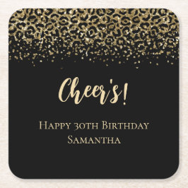 ブラック金ゴールドヒョウ印刷グリッター誕生日 スクエアペーパーコースター