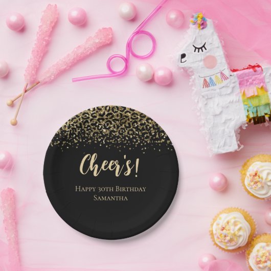 ブラック金ゴールドヒョウ印刷グリッター誕生日 ペーパープレート (パーティー)