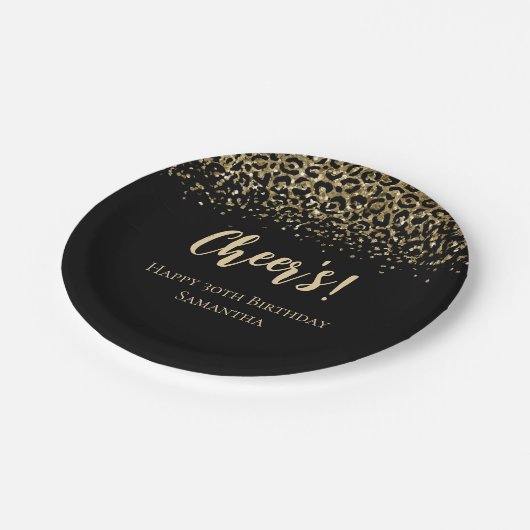 ブラック金ゴールドヒョウ印刷グリッター誕生日 ペーパープレート (アングル)