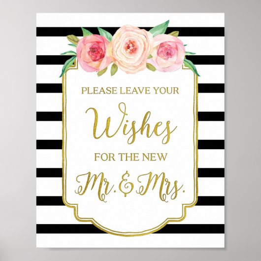 ブラック金ゴールドピンクウォーターカラーフローラゲストブックサイン ポスター (正面)