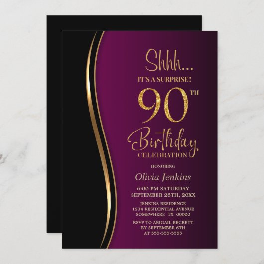 ブラック金ゴールドピンクサプライズ90誕生日 招待状 (正面/裏面)