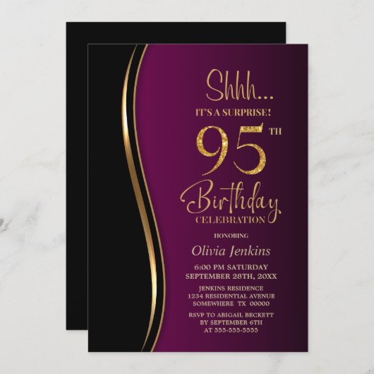 ブラック金ゴールドピンクサプライズ95誕生日 招待状 (正面/裏面)