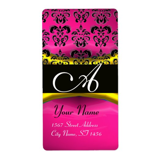 ブラック金ゴールドピンクパープルアメジストダマスクモノグラム ラベル (正面)