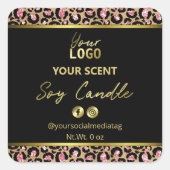 ブラック金ゴールドピンクヒョウ印刷しょうゆろうそくラベル スクエアシール (正面)