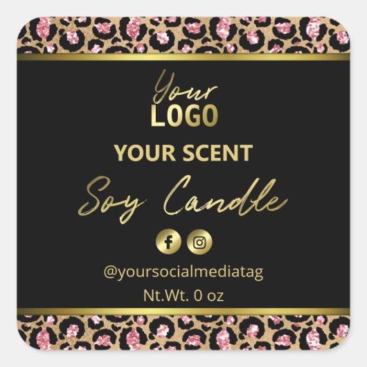 ブラック金ゴールドピンクヒョウ印刷しょうゆろうそくラベル スクエアシール (正面)