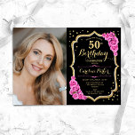 ブラック金ゴールドピンクフォト50誕生日 招待状<br><div class="desc">エレガントフローラ50歳の誕生日の招待状と写真。グラムブラックピンクデザインとフェイクグリッター金ゴールド。ピンクのバラ、スクリプトのフォント、紙吹雪が特徴。大人スタイリッシュのお祝いパーティーに最適。独自の詳細でパーソナライズどんなカスタマイズ年でもいい！印刷されたZazzle招待状または即時ダウンロードのデジタル印刷可能なテンプレート。</div>
