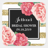 ブラック金ゴールドピンクフローラブライダルシャワーメッセージカード スクエアシール (正面)