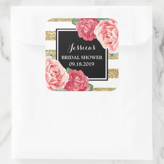 ブラック金ゴールドピンクフローラブライダルシャワーメッセージカード スクエアシール (バッグ)