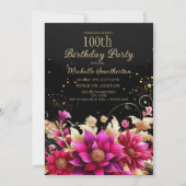 ブラック金ゴールドピンクフローラ100th誕生日パーティー 招待状 (正面)