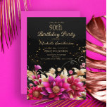 ブラック金ゴールドピンクフローラ90th誕生日パーティー 招待状<br><div class="desc">シックエレガントなブラック、金ゴールド、ホットピンクフローラ90th誕生日パーティーの女性のための招待。お客様連絡のカスタマイズに関するサポートを受けたり、お客様のイベントに対してZazzle製品の追加のマッチングまたは調整を要求したりするために</div>