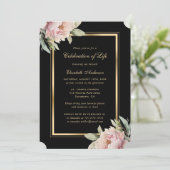 ブラック金ゴールドピンク牡丹フォトお祝いオブ・ライフ 招待状 (スタンド正面)