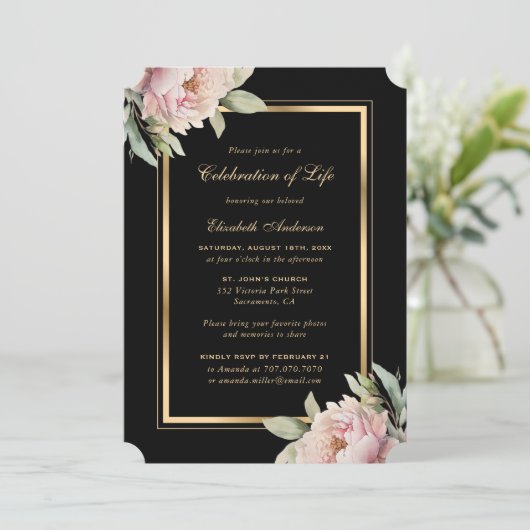 ブラック金ゴールドピンク牡丹フォトお祝いオブ・ライフ 招待状 (スタンド正面)