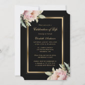 ブラック金ゴールドピンク牡丹フォトお祝いオブ・ライフ 招待状 (正面)