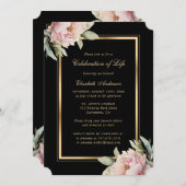 ブラック金ゴールドピンク牡丹フォトお祝いオブ・ライフ 招待状 (正面/裏面)